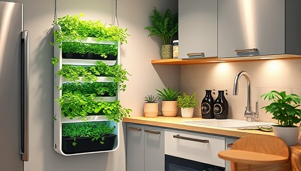 An artistic rendering of a modern kitchen corner adorned with a sleek vertical hydroponic garden unit filled with vibrant green herbs and colorful microgreens, blending seamlessly with the contemporary decor and lifestyle of urban VertiGrow Kits customers.