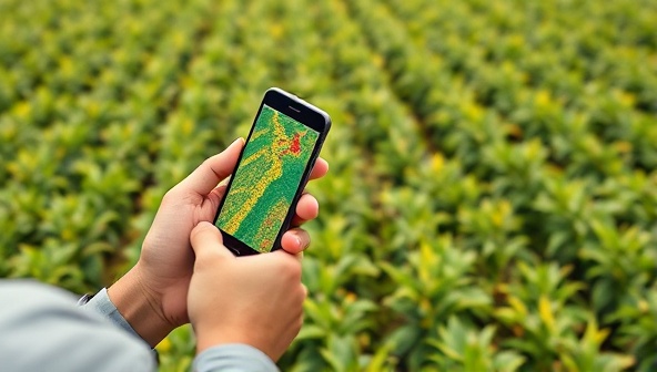 An innovative app interface showcasing a farmer using a smartphone to access real-time crop data and AI recommendations, with colorful satellite imagery overlays depicting different crop health indicators, highlighting the user-friendly and data-driven nature of the app.