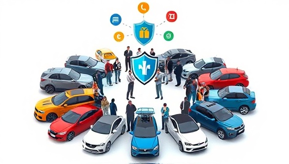 An engaging visual representation of car owners standing in a circle around a diverse range of vehicle types, with insurance icons like a shield and group symbols floating above them, symbolizing the collective protection and shared benefits of AutoShareGuard