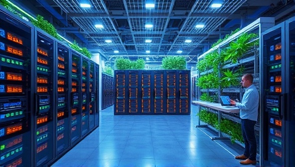 A futuristic data center visualization with rows of servers powered by renewable energy sources, green infrastructure designs like natural lighting and efficient cooling systems, and tech professionals monitoring operations, highlighting sustainability and high-tech solutions for digital organizations.
