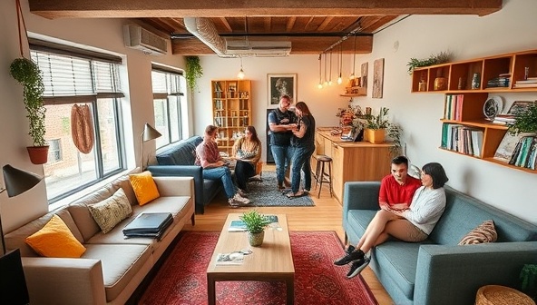 An inviting co-living space with modern furnishings, communal work areas, and a diverse group of digital nomads collaborating and socializing, embodying the vibrant and supportive community spirit at NomadNest co-living spaces.