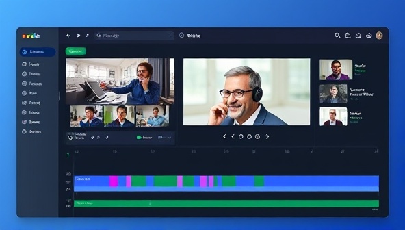An online dashboard showcasing multiple users editing a video project together, with real-time changes visible, chat bubbles for communication, and a progress bar indicating collaborative workflow, highlighting the seamless and interactive editing process of the platform.