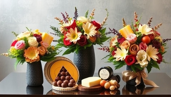 An elegant and sophisticated display of artisanal bouquets featuring a selection of gourmet cheeses, charcuterie, chocolates, and fruits arranged artistically in a bouquet style, accented with floral embellishments, ribbons, and greenery, showcasing the unique and luxurious gifting concept of Gourmet Blooms.