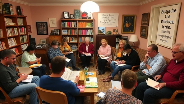 A cozy community space filled with writing materials, books, and inspirational quotes on the walls, with a diverse group of participants actively engaged in a writing exercise, fostering a sense of creativity and camaraderie among writers of all backgrounds.