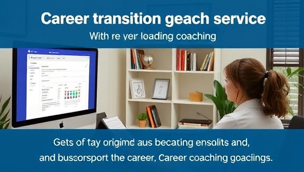 A virtual career coaching session with a coach providing guidance to a client on career development strategies, career resources displayed on a computer screen, a motivational workspace setup, and a supportive and empowering coaching environment, highlighting the value of career transition coaching services.
