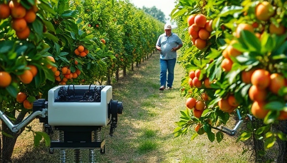 An advanced robotic harvester autonomously picking ripe fruits in a lush orchard, with farmers overseeing the operation from a distance, highlighting the efficiency and precision of RoboHarvest Solutions' robotic technology in agricultural applications.