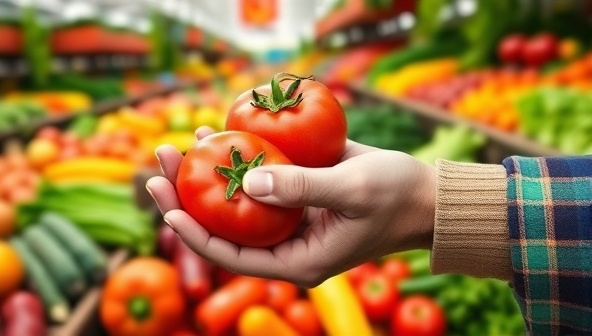 A vibrant digital marketplace showcasing various colorful fruits and vegetables, with a farmer's hands holding a freshly picked tomato, symbolizing the direct connection between farmers and consumers.