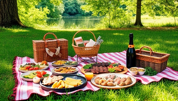 A picturesque outdoor setting with a beautifully laid picnic blanket adorned with an array of gourmet dishes, charcuterie selections, and a bottle of champagne, surrounded by lush greenery and a serene natural backdrop, inviting customers to indulge in a luxurious picnic experience.