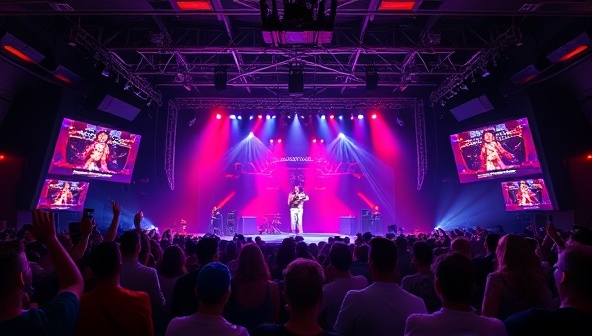An immersive virtual concert venue with a stage set for a live performance, surrounded by virtual fans interacting and enjoying the personalized music experience, creating a vibrant and engaging atmosphere for music enthusiasts.