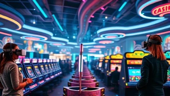 A futuristic casino setting with customers wearing VR headsets, interacting with virtual casino games in a visually stunning digital environment, showcasing the immersive and high-tech nature of the VR Casino Oasis.