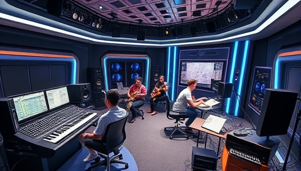A futuristic virtual music studio with state-of-the-art equipment, digital mixing consoles, and a diverse group of virtual musicians collaborating on a music project, illustrating a dynamic and creative music production environment.