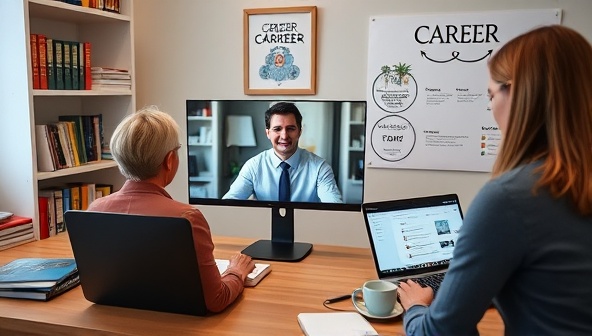 An online career transition coach conducting a virtual mock interview with a client, surrounded by career development books, a laptop showing job listings, and a vision board with career goals, creating a focused and supportive atmosphere.
