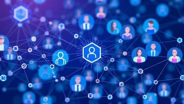 An artistic representation of interconnected blockchain nodes and influencer profiles merging together, symbolizing the transparent and secure collaboration facilitated by Blockfluence in the influencer marketing ecosystem.