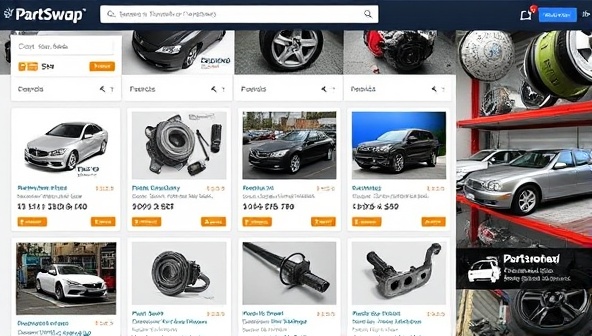 A dynamic digital marketplace showcasing various car parts and accessories listed on the PartSwap Network platform, with detailed descriptions, images, and pricing information, creating a visually appealing and user-friendly environment for car enthusiasts to explore and trade parts.