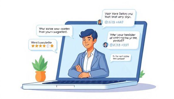 An illustration of a business owner interacting with a friendly AI chatbot on a laptop screen, with speech bubbles showing helpful responses and product suggestions, illustrating seamless customer engagement.