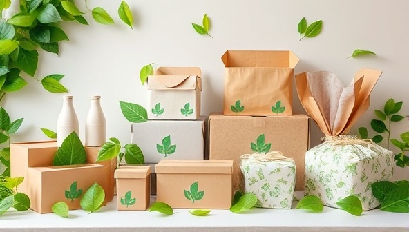A visually appealing image featuring a range of biodegradable packaging options, from boxes to wrapping materials, adorned with vibrant green leaves and eco-friendly symbols, conveying a message of sustainability and innovation in packaging solutions.
