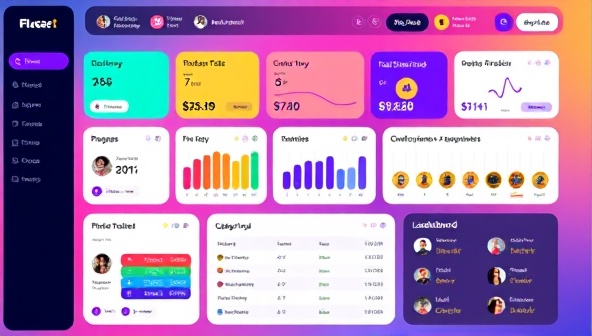 A vibrant digital dashboard displaying various fitness challenges, progress trackers, achievement badges, and a leaderboard, creating a visually appealing and motivating workout environment.