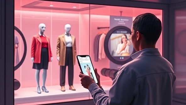 An engaging and futuristic digital illustration of a user interacting with the app, trying on virtual outfits in a virtual fitting room, with AI-powered style suggestions displayed on a sleek interface, showcasing convenience and fashion-forward technology.