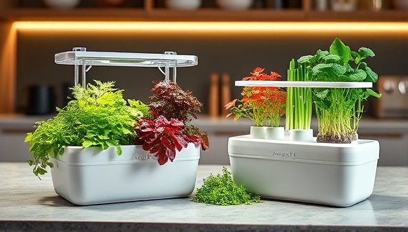 An appealing product image of a neatly packaged aquaponic herb garden kit with colorful herbs thriving in the system, displayed against a backdrop of a modern kitchen counter, conveying freshness and convenience.