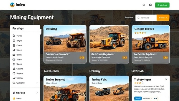 A dynamic online platform interface showcasing a variety of mining equipment available for sharing, with detailed descriptions, pricing options, and user reviews, promoting a collaborative and sustainable approach to equipment utilization.