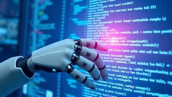 A futuristic robot hand typing code on a holographic screen, representing the seamless integration of AI technology into website development processes.