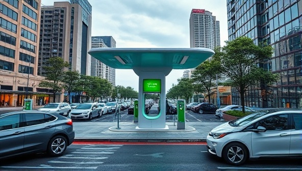 An urban landscape with a futuristic charging station design, surrounded by electric vehicles, showcasing a seamless and eco-friendly transportation ecosystem.