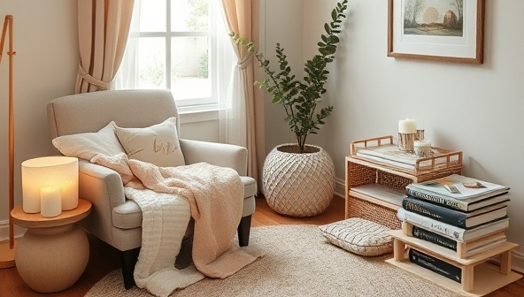 A serene self-care sanctuary featuring a cozy reading corner with a plush armchair, soft blankets, a selection of calming teas, scented candles, a meditation cushion, and a stack of self-care journals, inviting viewers to unwind and recharge in a peaceful setting.