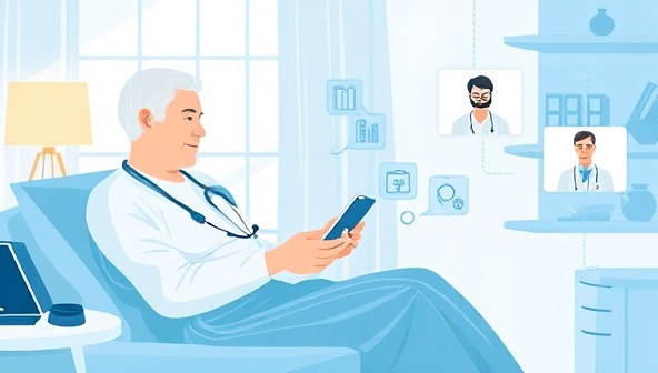 A dynamic visual of a patient using remote monitoring devices at home, with healthcare professionals remotely accessing the data for analysis and providing virtual consultations, showcasing the seamless and proactive care approach of VitaCare Link in managing chronic conditions through remote patient monitoring services.