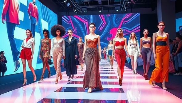 An artistic visual displaying a virtual fashion show runway with digital models showcasing diverse and innovative virtual designs created by users, set against a futuristic and dynamic backdrop, capturing the creativity and boundary-pushing nature of virtual fashion design.