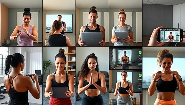 A dynamic image of a diverse group of virtual fitness coaches in action, guiding clients through workouts on screens of various devices, showcasing the global reach and personalized nature of the platform.