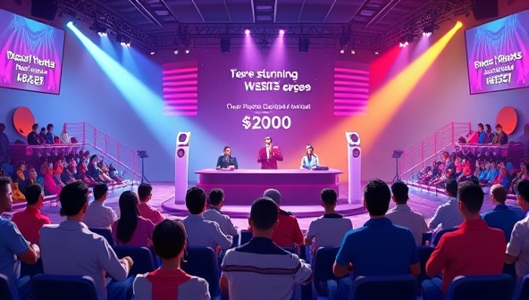 An animated depiction of a design challenge arena with competitors racing against the clock to create stunning websites, surrounded by virtual spectators and judges, conveying the excitement and competitive spirit of DesignQuestChallenge's gamified platform.