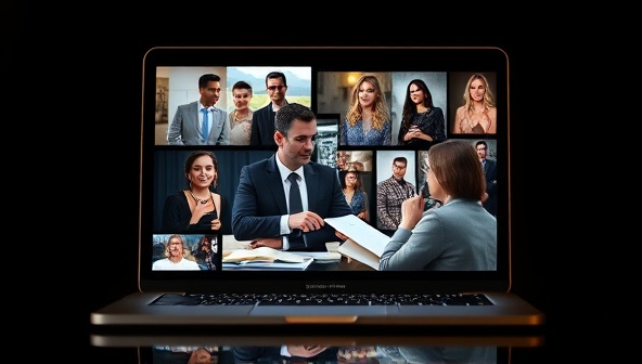 A virtual talent agency consultancy scene displayed on a laptop screen, featuring a professional talent agent reviewing portfolios and discussing career strategies with a client, surrounded by images of famous artists and entertainment venues, conveying expertise and industry connections.