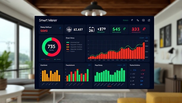 A sleek and modern dashboard interface displaying real-time smart meter data analytics with colorful graphs and savings projections, set against a backdrop of a smart home environment, conveying the idea of efficiency and technology integration for energy management.