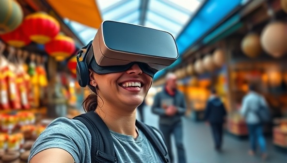 A digital interface showing a user in a virtual reality headset, smiling and interacting with a local guide in a vibrant marketplace, capturing the essence of global exploration from home.