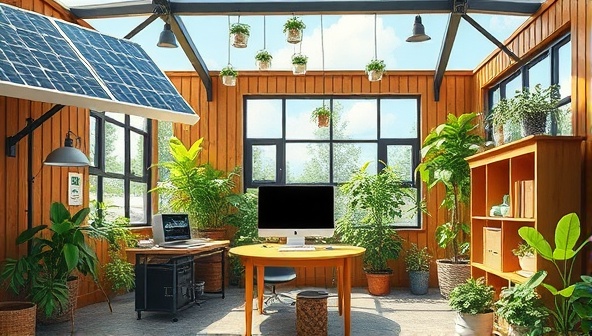 An artistic representation of a website design studio powered by solar panels, with green plants and recycled materials adorning the workspace, symbolizing the eco-friendly ethos of GreenWebCraft.