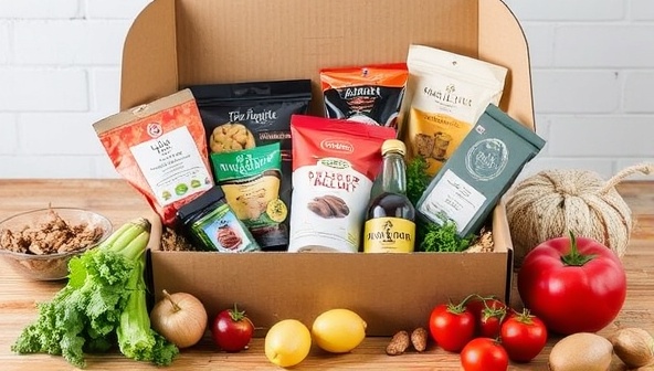 An enticingly arranged box filled with an assortment of locally sourced foods, artisanal snacks, and gourmet delights, accompanied by fresh produce and culinary items, evoking a sense of discovery and culinary delight associated with TasteLocal Box subscriptions.