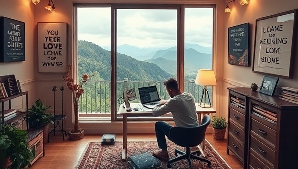 An immersive virtual writing retreat setting, featuring a cozy home office setup with a scenic view in the background, a writer engrossed in their work, surrounded by inspirational quotes and writing essentials, conveying a sense of tranquility and focus.
