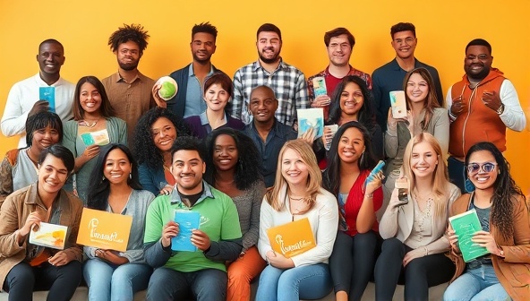 An array of diverse brand ambassadors posing with products or services in creative and authentic settings, symbolizing the network's reach and the personalized approach to brand promotion.