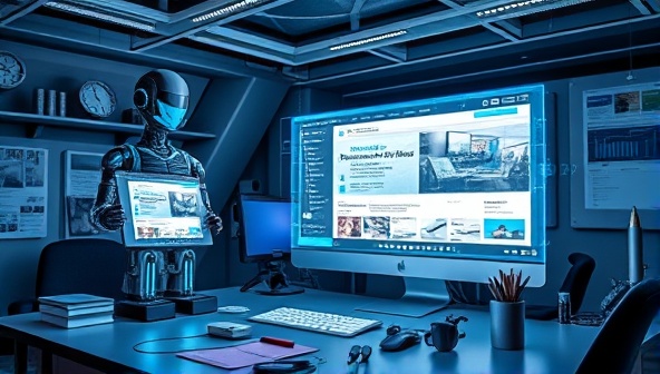 A futuristic workspace with a digital assistant projecting holographic website designs, surrounded by a mix of creative tools and cutting-edge technology, symbolizing innovation and efficiency.