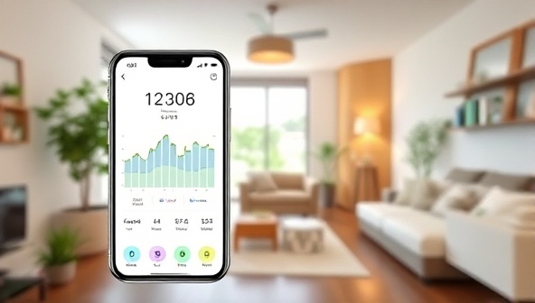 An innovative app interface showing real-time energy consumption data with interactive controls for smart devices, set against a backdrop of a modern, eco-friendly home interior.