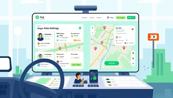 An engaging digital illustration showcasing a virtual carpooling marketplace interface with interactive maps, ride listings, user profiles, and secure payment options, emphasizing the convenience and eco-friendly benefits of the online ride-sharing platform for commuters and travelers.
