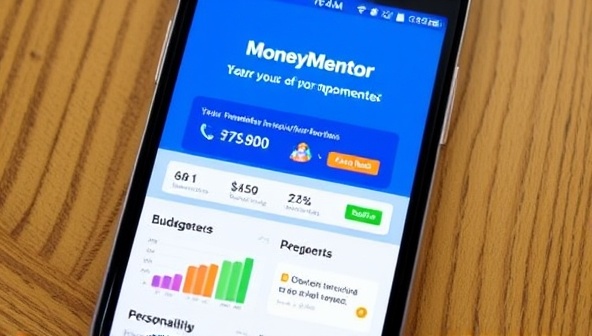 An engaging mobile screen displaying the MoneyMentor app interface, with colorful charts, budgeting tools, and personalized financial tips, conveying a sense of empowerment and control over finances.