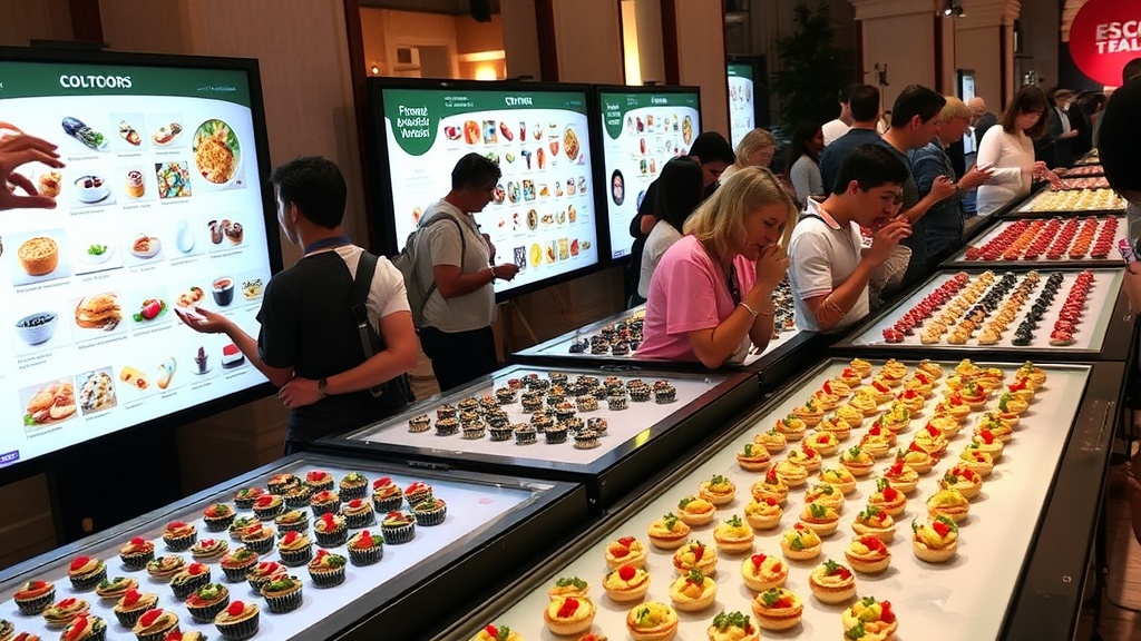 An engaging and interactive food tasting setup featuring a variety of bite-sized culinary creations presented on interactive displays, with guests eagerly sampling and exploring different flavors and textures, creating a dynamic and immersive culinary experience for food enthusiasts and event attendees.