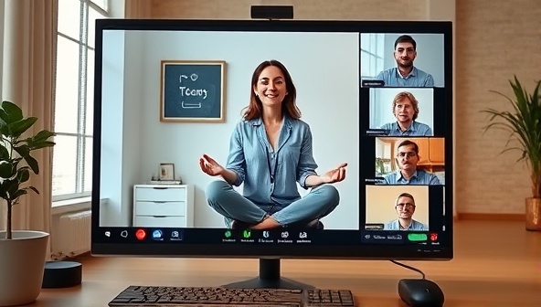 A virtual team meeting screen displaying a wellness coach leading a mindfulness session, with remote team members participating from their home offices, conveying a sense of unity and well-being in a virtual work environment.