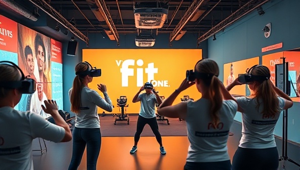 An immersive visualization of a virtual fitness studio with users wearing VR headsets, following a fitness instructor's guidance in a digitally rendered workout environment, surrounded by interactive fitness challenges and motivational elements, showcasing the VR FitZone experience.