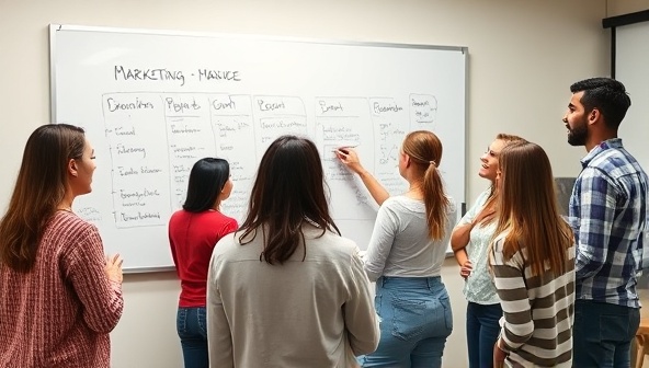 A group of enthusiastic workshop participants brainstorming ideas on a whiteboard while the workshop facilitator guides them through a marketing exercise.