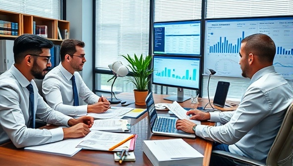 An office scene with a team of tax experts engaged in resolving complex tax cases, with documents, legal papers, and computer screens displaying financial data, showcasing the expertise and dedication of TaxSolve Experts in resolving tax issues for clients.