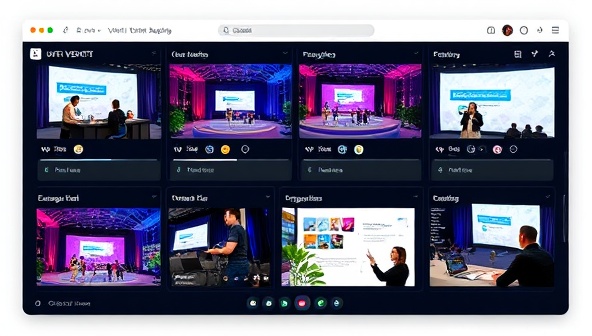 A virtual event planning dashboard showcasing various online event setups, interactive features, and engagement tools, with a team of event planners collaborating virtually on a project, representing efficient and dynamic virtual event management services provided by the company.