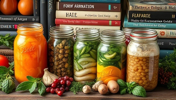 An engaging image capturing a collection of colorful fermentation jars bubbling with probiotic goodness, surrounded by fresh herbs, spices, and ingredients, set against a backdrop of fermentation books and guides, inspiring a sense of discovery and hands-on culinary experimentation in fermentation craft.