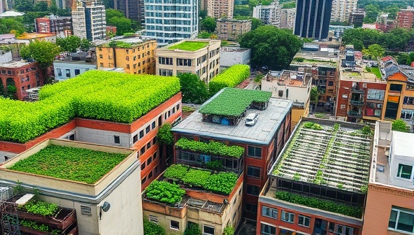 A diverse urban landscape featuring green rooftops, community gardens, and indoor hydroponic setups, illustrating the potential of urban farming to transform city spaces into vibrant and sustainable environments, reflecting the vision of CityGreens Consult.